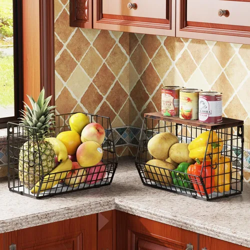 Miniatura 6 de Frutero apilable para encimera de cocina, cesta colgante montada en pared, cesta de alambre con tapa de madera con ganchos para colgar plátanos