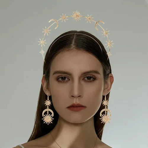 Miniatura 6 de Halo Crown - Stars Crystal Goddess HeadBand with Earrings Mary Metal Halo Headpiece Celestial Crowns Tiaras for Women Bridal Wedding Costume Cosplay