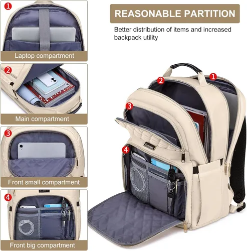 Miniatura 3 de Mochila Kuosdaz para Mujeres, Beige, 15,6 pulg.