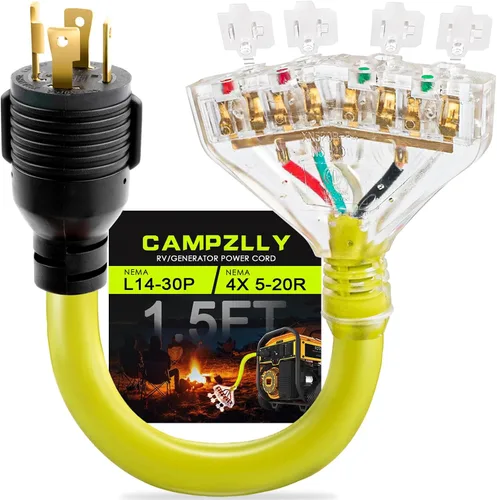 Miniatura 8 de Cable Adaptador de Generador RV de 30 Amperios a 20 Amperios 110, Adaptador de Distribución NEMA L5-30P a 3X 5-15R/5-20R con Indicador de Energía