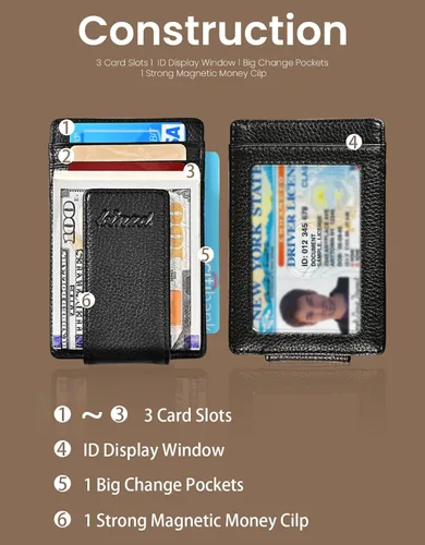 Miniatura 3 de Kinzd Pinza para billetes, bolsillo frontal, cartera de piel con bloqueo de RFID fuerte imán cartera delgada RFID Blocking, Strong Magnet, thin