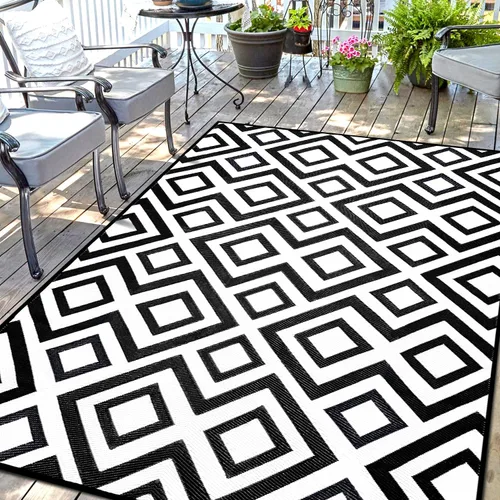 Miniatura 17 de Alfombra Impermeable para Exteriores 9x12 pies, Tapete de Paja de Plástico Reversible Boho para Patio RV Terraza Porche Patio Trasero Balcón Camping