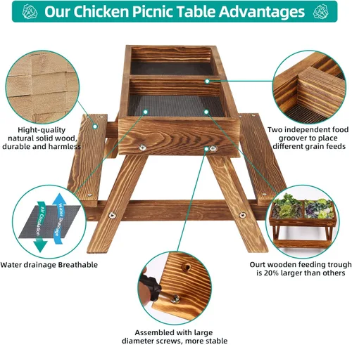 Miniatura 3 de Mesa de pollo sin residuos, comedero de picnic de pollo hecho a mano de madera carbonizada, kit grande de comedero de pollo para bricolaje, Madera