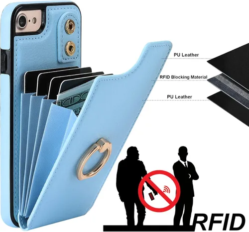 Miniatura 5 de Folosu Funda tipo cartera para iPhone SE (2022) iPhone SE (2020) iPhone 7/8 con soporte para tarjetas, soporte de anillo de rotación de 360°, Azul