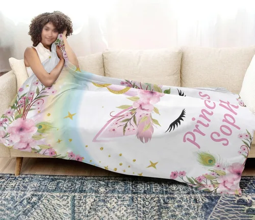 Miniatura 5 de Manta personalizada de unicornio floral para niñas, manta de bebé personalizada para niñas con nombre, regalos de bebé personalizados para niñas