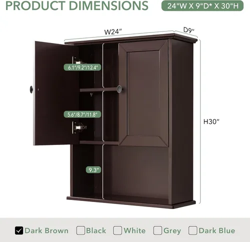 Miniatura 2 de Armario de baño montado en la pared, botiquines de madera espresso oscuro sobre inodoro de almacenamiento de 24 x 30 pulgadas, gabinete de pared