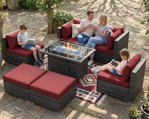 Miniatura 49 de NICESOUL Juego de muebles de patio para exteriores de 7 piezas con mesa para hoguera, gas natural y propano convertible, respaldo alto de 29.3
