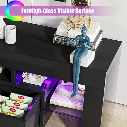 Miniatura 8 de HOUAGI Soporte de TV LED para televisores de hasta 65 pulgadas, moderno centro de entretenimiento con cajón de almacenamiento y estante de cristal