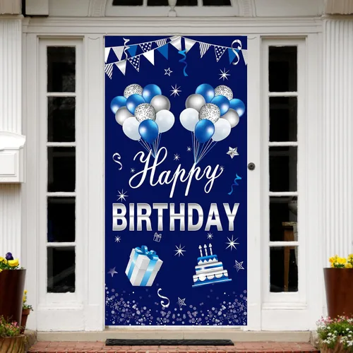 Miniatura 5 de Turypaty Cartel de feliz cumpleaños azul plateado para puerta para hombres y niños, suministros de fiesta de cumpleaños 16, 21, 30, 40, 50, 60