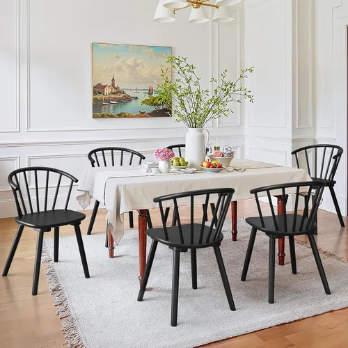 LUE BONA Juego de 6 Sillas de Comedor Negras, Sillas de Comedor de Madera Estilo Granja con Respaldo Semicircular, Silla de Comedor de Husillo para