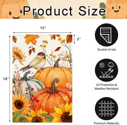 Miniatura 5 de Bandera de jardín de calabazas de pájaro de otoño de 12 x 18 pulgadas, doble cara exterior, hojas de girasol de otoño, cosecha de Acción de Gracias