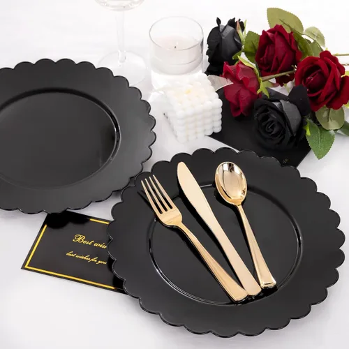 Miniatura 6 de SUT 72 platos de plástico negro PSC, platos desechables resistentes, platos llanos desechables negros, plato llano de plástico de 10.25 pulgadas
