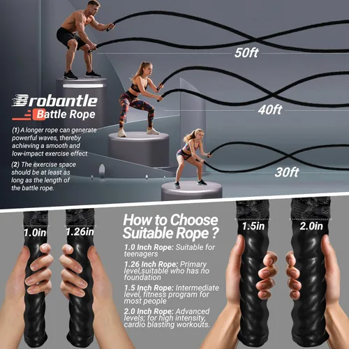 Miniatura 5 de Cuerda de batalla de 1/1.26/1.5/2 pulgadas de diámetro, rosa de 30 pies/40 pies/50 pies, cuerdas de entrenamiento de ejercicio para gimnasio