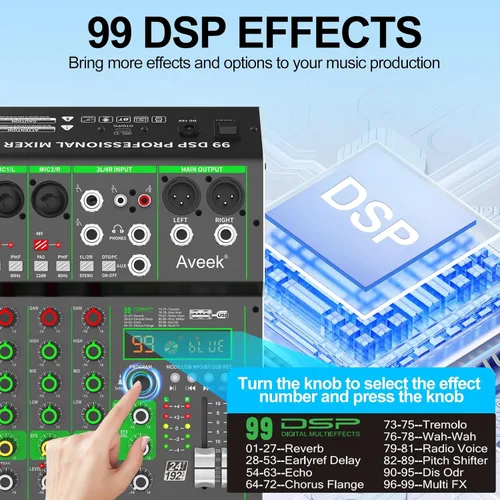 Miniatura 6 de Aveek Mezclador de audio, consola de mezcla de tablero de sonido profesional con unidad USB/Bluetooth/Computadora/Mezclador de DJ de entrada estéreo
