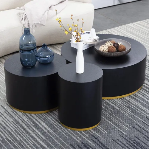 Miniatura 6 de KEVINSPACE Mesa auxiliar negra con borde dorado en la parte inferior, mesa de centro redonda para espacios pequeños, mesa auxiliar de madera mesita