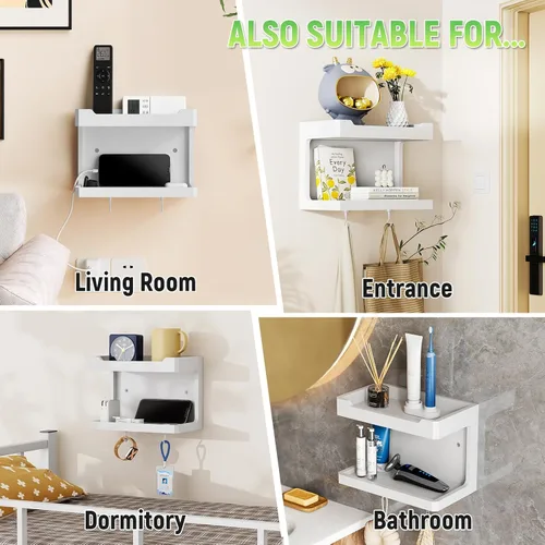 Miniatura 6 de NiHome Organizador Grande de Mesita de Noche de Madera para Montar en la Pared, Estantes de Almacenamiento Dobles y Ganchos Magnéticos, Estante
