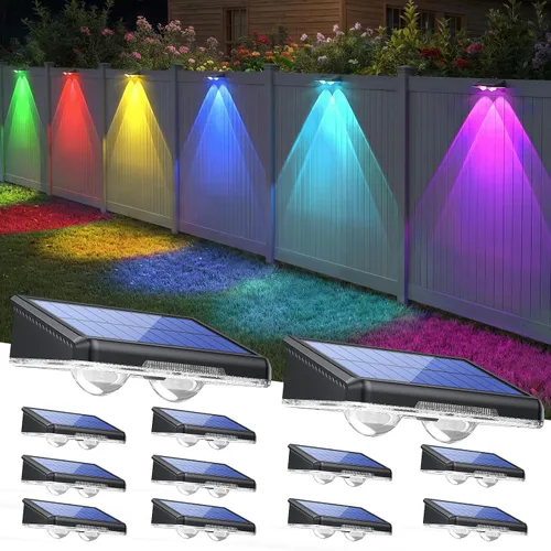 TECKNET - Luces solares de valla para exteriores, paquete de 12 unidades, blanco cálido y 6 colores y RGB, luz de cubierta LED impermeable IP66,