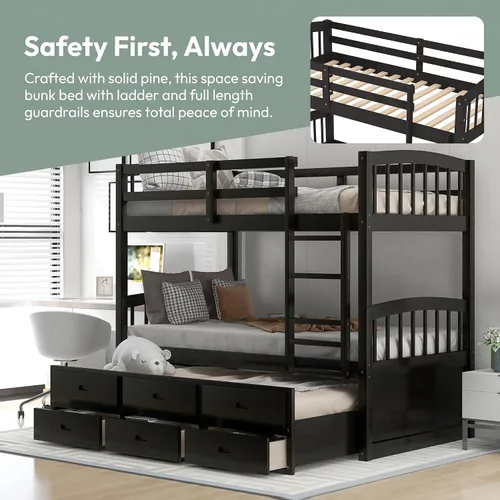 Miniatura 3 de Harper&Bright Designs - Litera individual sobre individual con barandilla de seguridad, escalera, cama nido individual con 3 cajones para niños