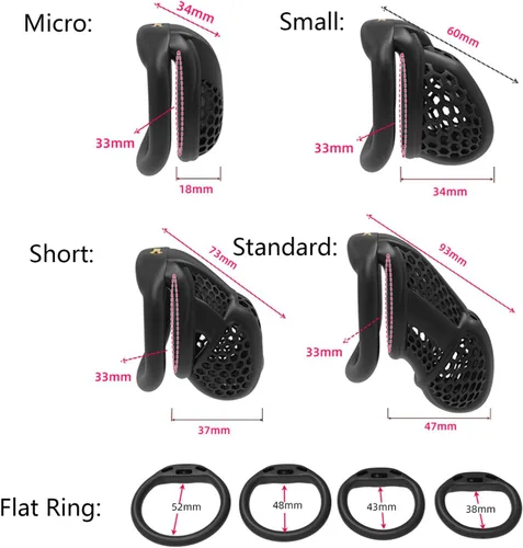 Miniatura 6 de Conjunto de Jaula Peniana de Miel Respirable con 4 Anillos Planos, Jaulas Pequeñas para Pene, Dispositivo de Castidad para Hombres, Juguetes Negro