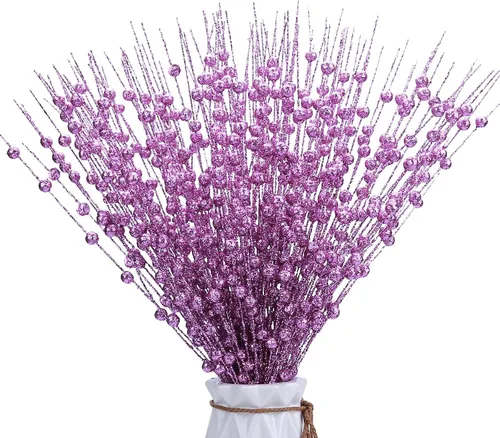 Miniatura 9 de 12 unidades de púas brillantes para árbol de Navidad, tallos de bayas con purpurina dorada, adornos de bayas artificiales, púas y ramas de Navidad