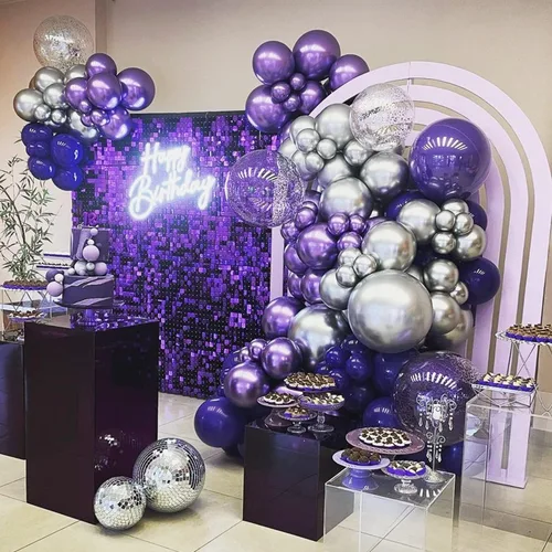 Miniatura 6 de COKAOBE Fondo de pared con brillo morado, 24 paneles cuadrados de lentejuelas brillantes, fondos de fotos para cumpleaños, aniversario, boda, Púrpura