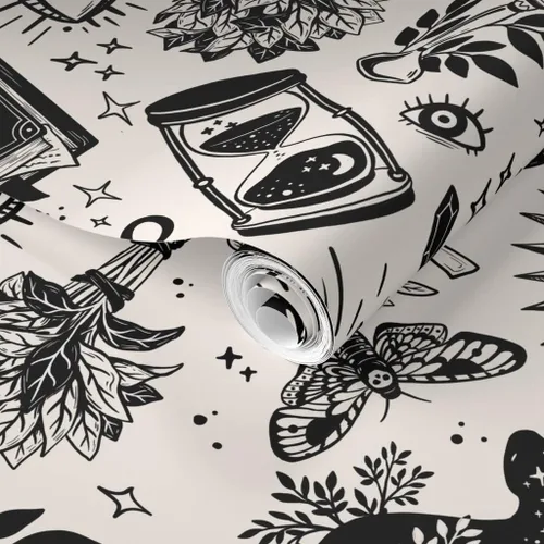 Miniatura 2 de Muestra de papel tapiz extraíble – Negro Blanco Gótico Gótico Magia Halloween Bruja Monocromo Personalizado pre-pegado Papel pintado por Spoonflower