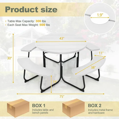 Miniatura 3 de Tangkula Mesa de picnic para 8 personas, mesa de picnic redonda al aire libre con 4 bancos integrados, agujero para paraguas, marco de metal y mesa