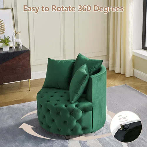 Miniatura 6 de Silla giratoria de barril de terciopelo con 3 almohadas y 4 ruedas, sofá de 360 grados, moderna silla tapizada con botones para sala de estar, Verde