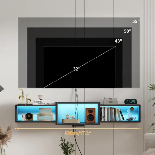 Miniatura 3 de Qupui Soporte flotante para TV montado en pared de 47.2 pulgadas con iluminación LED, moderno estante de consola multimedia de madera con puertos
