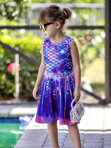 Miniatura 2 de Funnycokid Vestido de sirena para niñas y niños, vestido de verano sin mangas, traje de cumpleaños, ropa de fiesta de 4 a 13 años