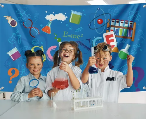 Miniatura 5 de Telón de fondo de fiesta de ciencia – Fondo de estudio temático de científico loco, suministros de fotografía para baby shower o fiesta