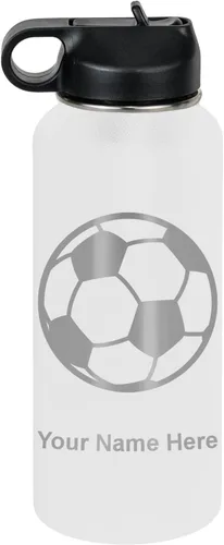 Miniatura 33 de LaserGram Botella de agua personalizada, pelota de fútbol, acero inoxidable de doble pared aislada al vacío con popote superior, regalo grabado