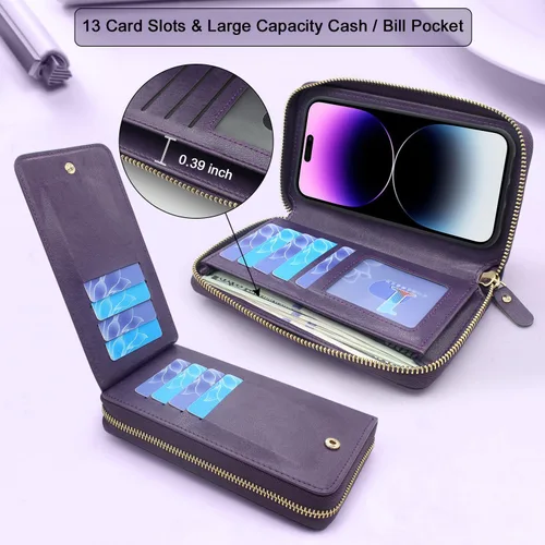 Miniatura 3 de Funda compatible con iPhone 14 PRO MAX de 6.7 pulgadas 2022, funda cruzada con doble cremallera, desmontable, magnética, de cuero, funda