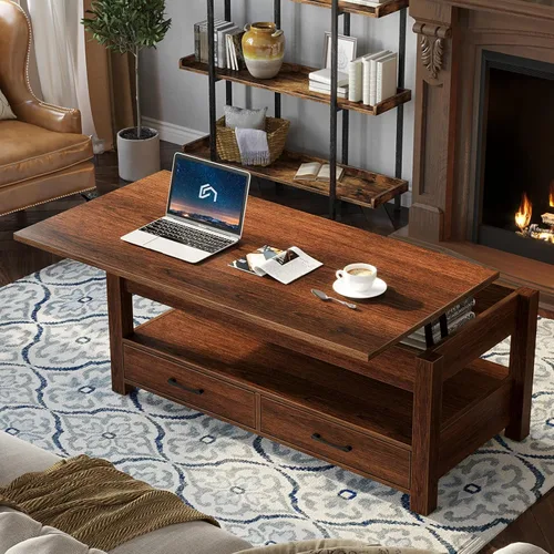 Miniatura 2 de Rolanstar - Mesa auxiliar, mesa de centro con cajones y compartimento oculto, mesa central retro con tablero de elevación de madera, para sala