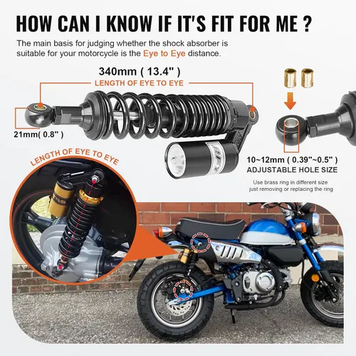Miniatura 2 de Par de amortiguadores de aire para motocicleta de 340 mm, ajuste universal para la parte trasera, para HONDA, Suzuki, Yamaha, Kawasaki ATV Go Kart