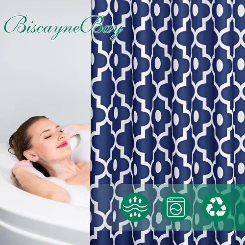 Miniatura 4 de Biscaynebay - Cortinas de ducha extralargas de tela texturizada, 72" x 84", perlas de Marruecos azul marino estampadas, cortina de baño de hotel