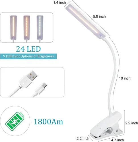 Miniatura 2 de Luz de lectura LED con clip, luces de libro recargables USB, protección ocular de 24 LED, lámpara de cama de noche de cuello flexible, control Blanco