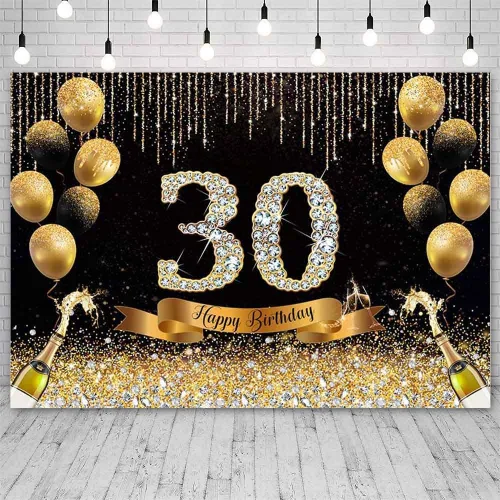 Miniatura 2 de AIBIIN Telón de fondo de 30 cumpleaños negro y dorado de 7 x 5 pies con texto en inglés "Cheers to 30" Anniversary Photography Background Women Gold