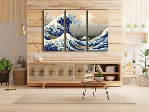 Miniatura 5 de Wieco Art Arte enmarcado de aluminio negro grande, 3 paneles, gran ola de Kanagawa, Katsushika Hokusai, impresiones en lienzo de arte de pared