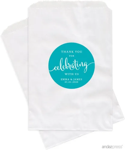 Andaz Press Bolsas de regalo personalizadas para mesa de postre, agradecimiento por celebrar con nosotros, aguamarina, paquete de 24, personalizadas