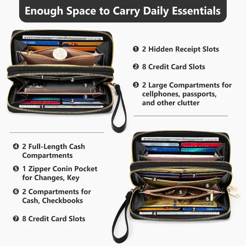 Miniatura 7 de Espera Cartera de mujer con bloqueo RFID de gran capacidad, tarjetero con doble cremallera, de cuero, con cartera para mujer con correa