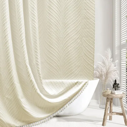 Siiluminisoy Cortina de Ducha de Tela Tejida Boho Beige, 72 x 72 pulgadas, Hojas con Mechones Texturizadas a Rayas, Cortina de Tela Minimalista