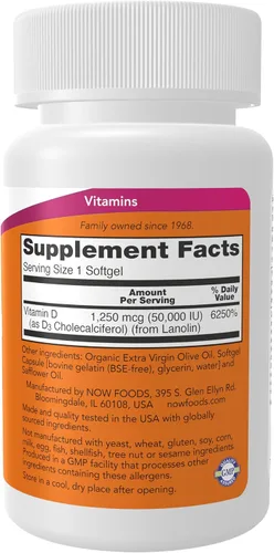 Miniatura 2 de NOW Foods Suplementos, Vitamina D-3 50,000 UI, cápsulas blandas, 50 cápsulas blandas