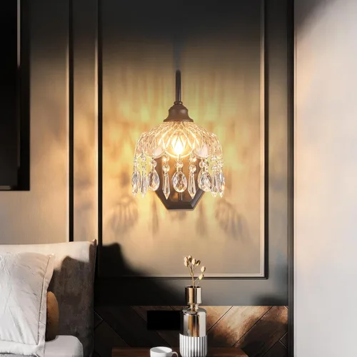 Miniatura 2 de Juego de 2 apliques de pared vintage, apliques de pared de cristal de cristal, acabado negro antiguo cepillado mate, juego de dos para dormitorio