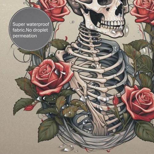 Miniatura 4 de YLATY3445 - Cortina de ducha de calavera para baño, divertido juego de cortina de ducha hippie con flores rojas y esqueleto, pintura al óleo, tela
