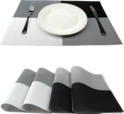 GEFEII Manteles individuales de vinilo tejido de PVC antideslizante, resistente al calor, manteles individuales en blanco y negro, para cocina,