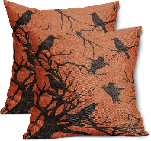 Miniatura 10 de Tree Crows - Juego de 2 fundas de almohada de Halloween de 16 x 16 pulgadas, fundas de almohada decorativas de otoño, fundas de almohada negras