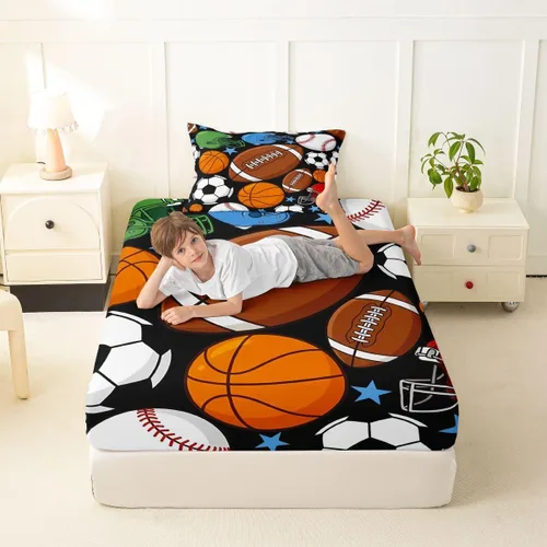 Miniatura 5 de Feelyou Football Bed Sheets Set Twin Size Basketball Sports Deep Pocket Fitted Sheet Soccer Ball Game Bedding Sets Black Baseball Gaming Soft Bed