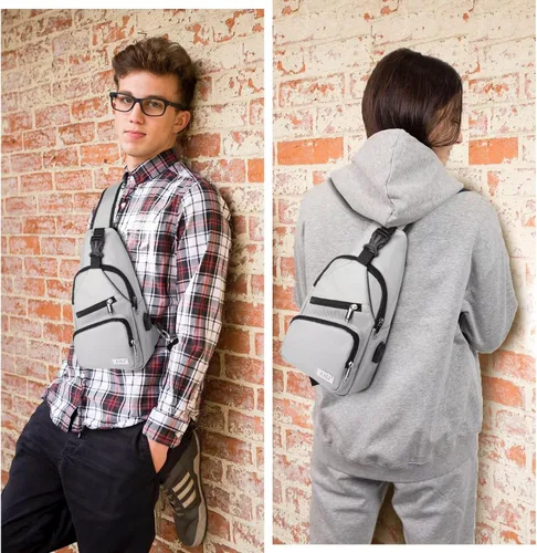 Miniatura 6 de AMJ Bolso cruzado tipo bandolera para hombres y mujeres, mochila de hombro casual, mochila de pecho tipo morral para senderismo y viajes Blanco Gris