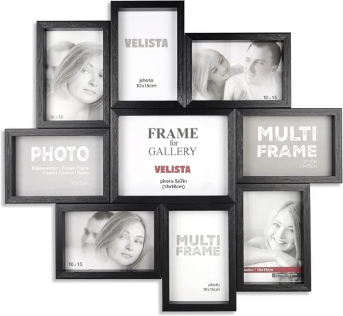 VELISTA Marco de fotos familiar de 9 aperturas para decoración de pared, marco de fotos moderno de alta calidad hecho de madera de ingeniería con